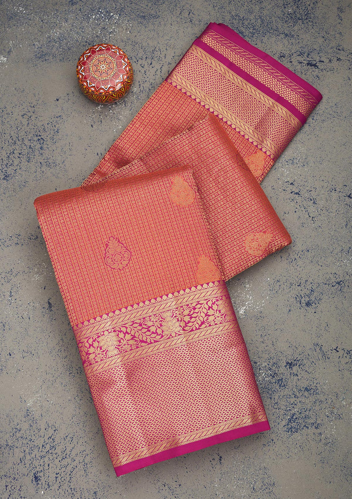 Peach Silk Buti Gold Zariwork Saree With Matching Blouse Piece