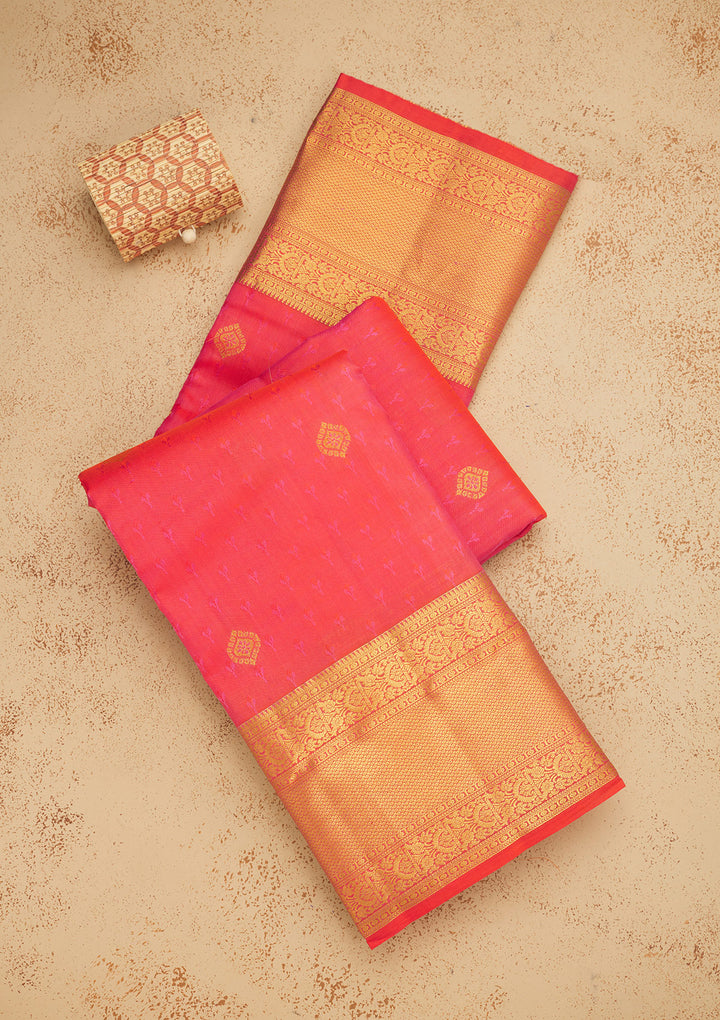 Peach Silk Buti Gold Zariwork Saree With Matching Blouse Piece