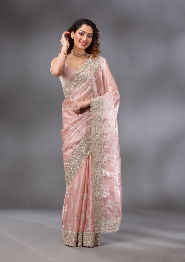 Peach Zariwork (Silver) Organza Saree