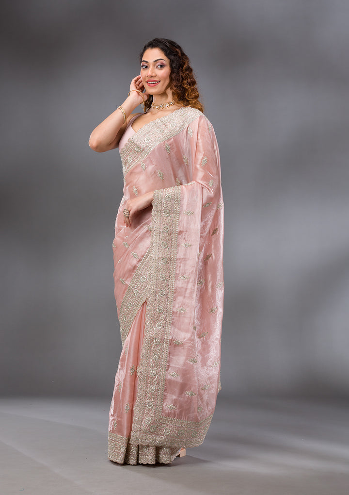 Peach Zariwork (Silver) Organza Saree