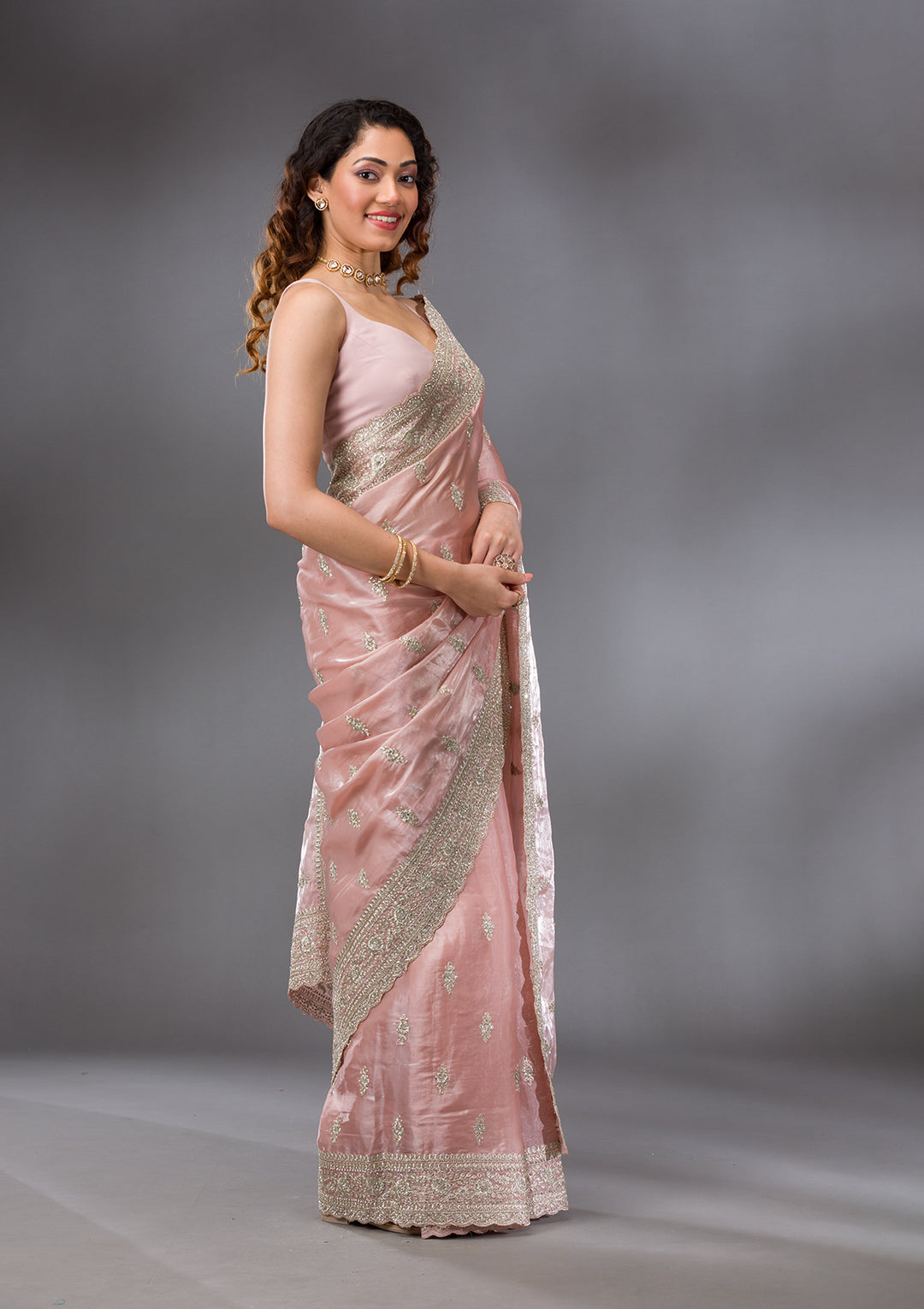 Peach Zariwork (Silver) Organza Saree