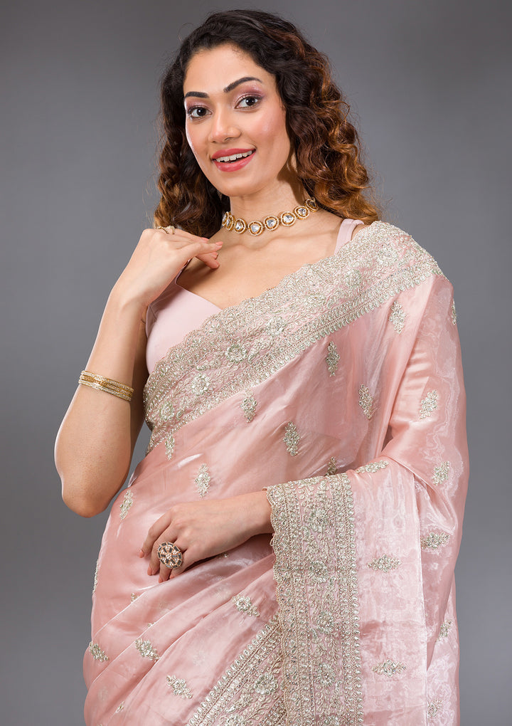Peach Zariwork (Silver) Organza Saree
