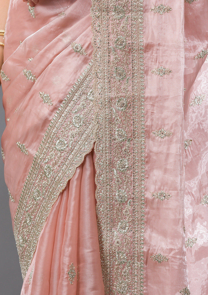 Peach Zariwork (Silver) Organza Saree