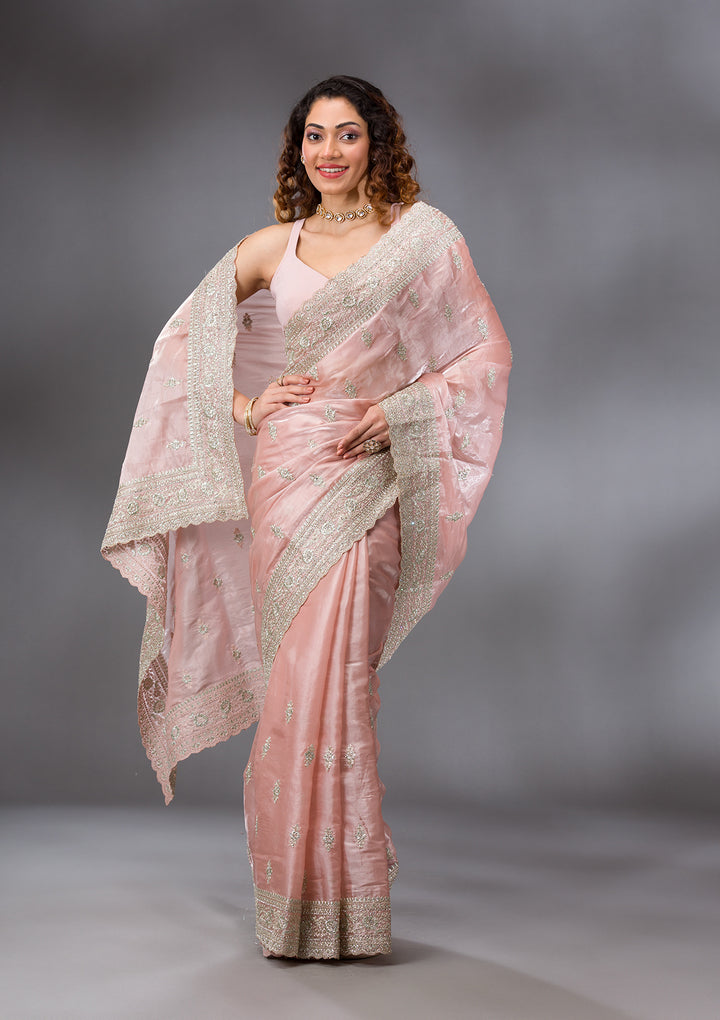 Peach Zariwork (Silver) Organza Saree