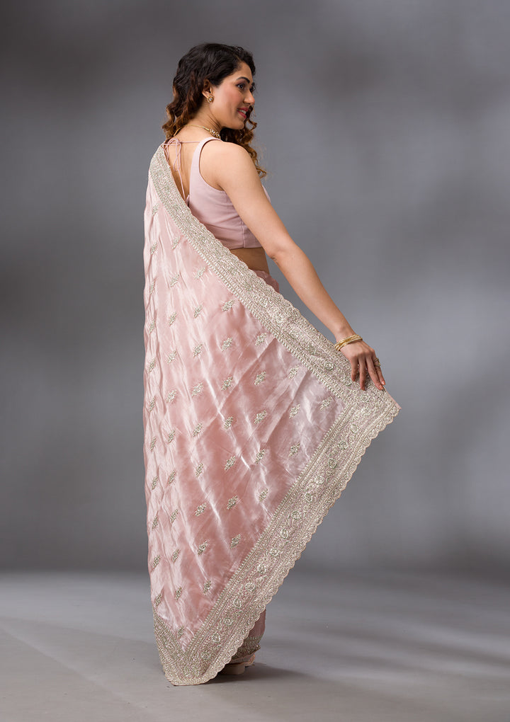 Peach Zariwork (Silver) Organza Saree