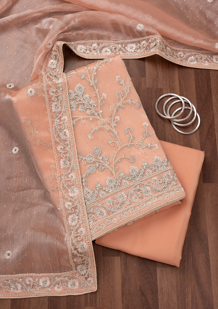 Peach Organza Silver Zariwork Unstitched Dress Material With Matching Bottom And Dupatta