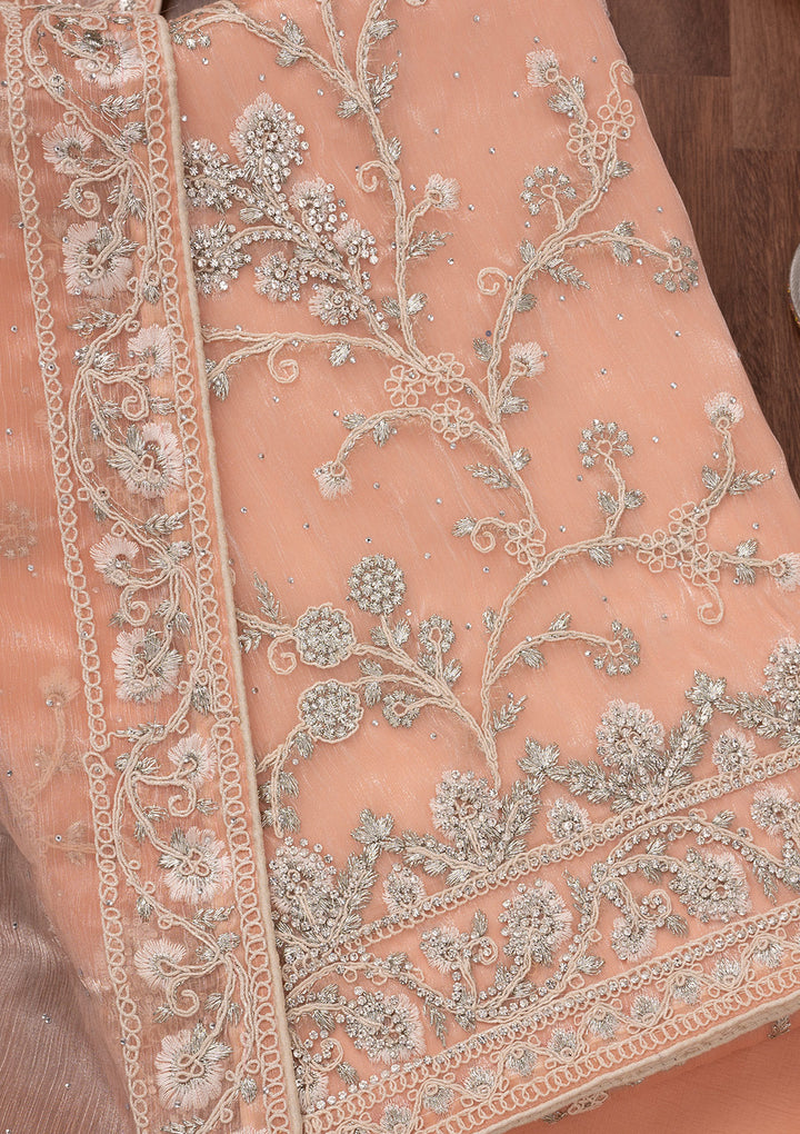 Peach Organza Silver Zariwork Unstitched Dress Material With Matching Bottom And Dupatta