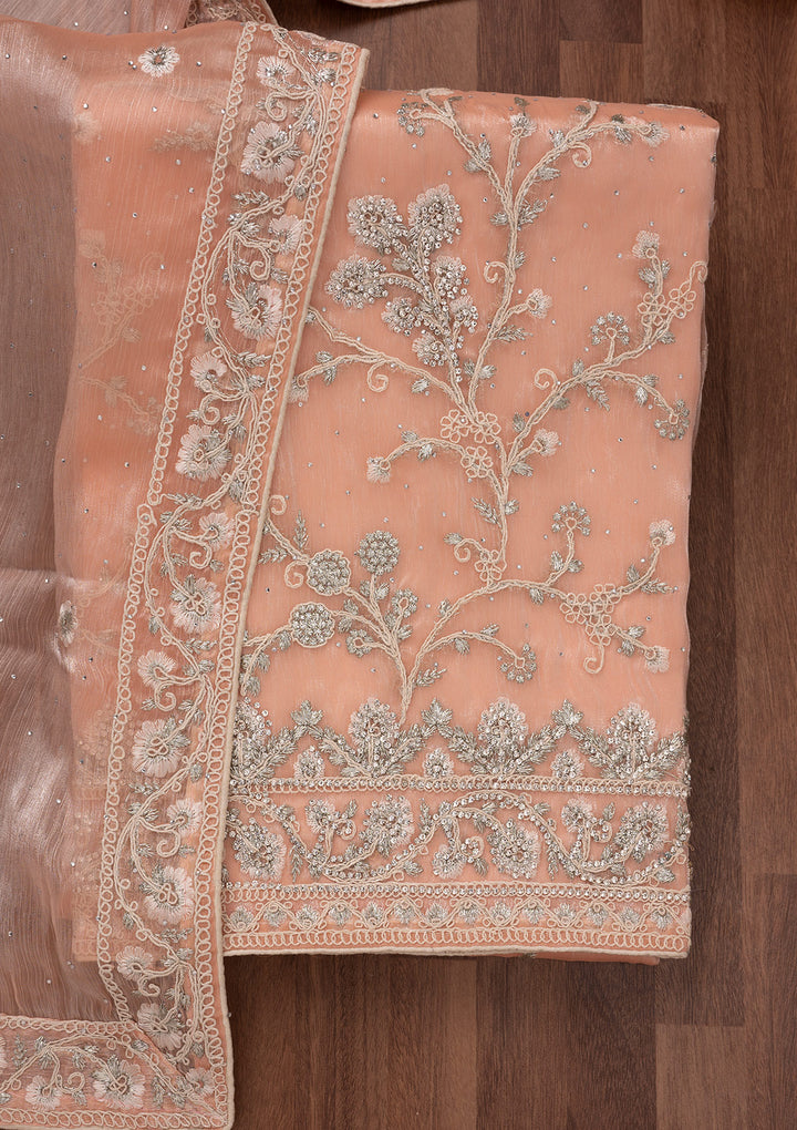 Peach Organza Silver Zariwork Unstitched Dress Material With Matching Bottom And Dupatta