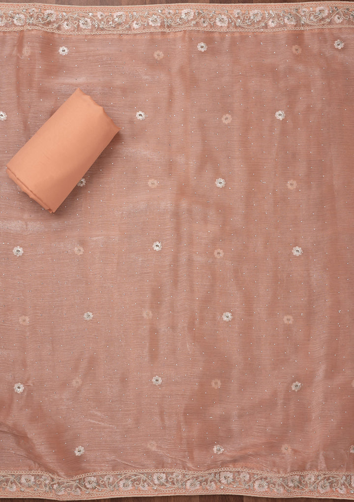 Peach Organza Silver Zariwork Unstitched Dress Material With Matching Bottom And Dupatta