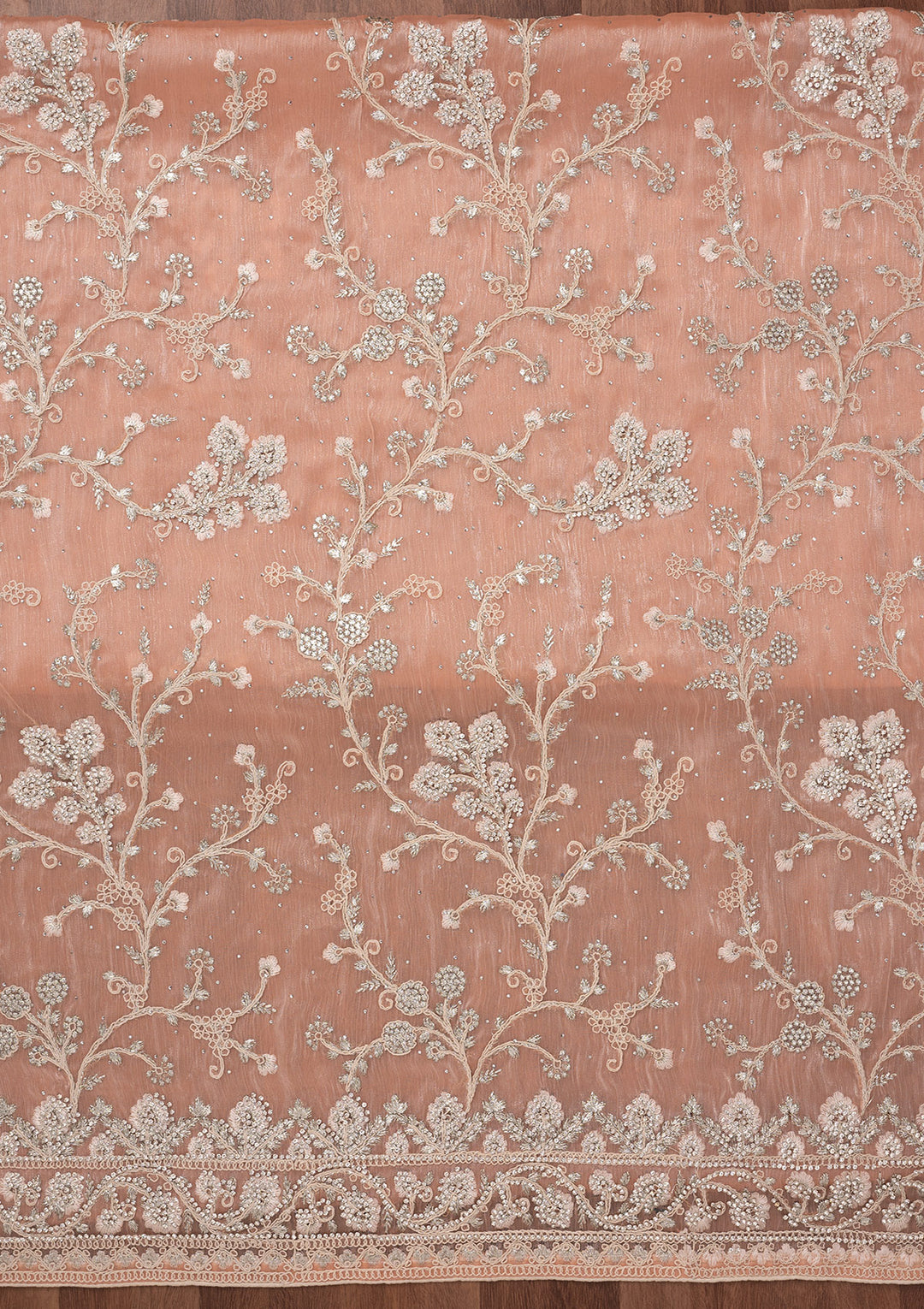 Peach Organza Silver Zariwork Unstitched Dress Material With Matching Bottom And Dupatta