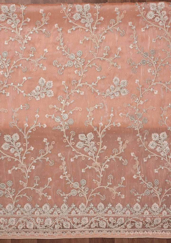 Peach Organza Silver Zariwork Unstitched Dress Material With Matching Bottom And Dupatta