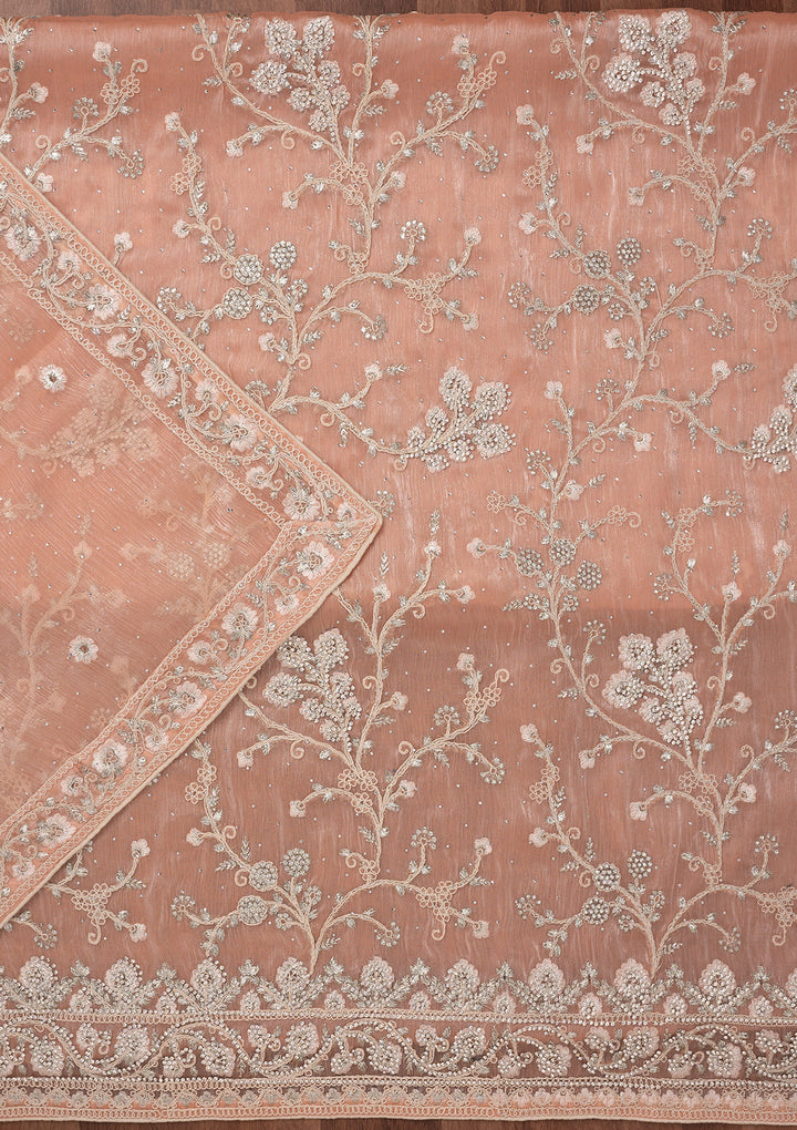 Peach Organza Silver Zariwork Unstitched Dress Material With Matching Bottom And Dupatta