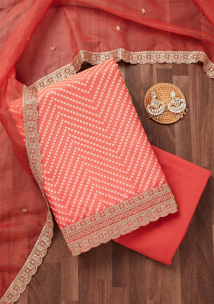 Peach Parrot Green Tissue Bandhej Gold Zariwork Unstitched Dress Material With Matching Bottom And Dupatta