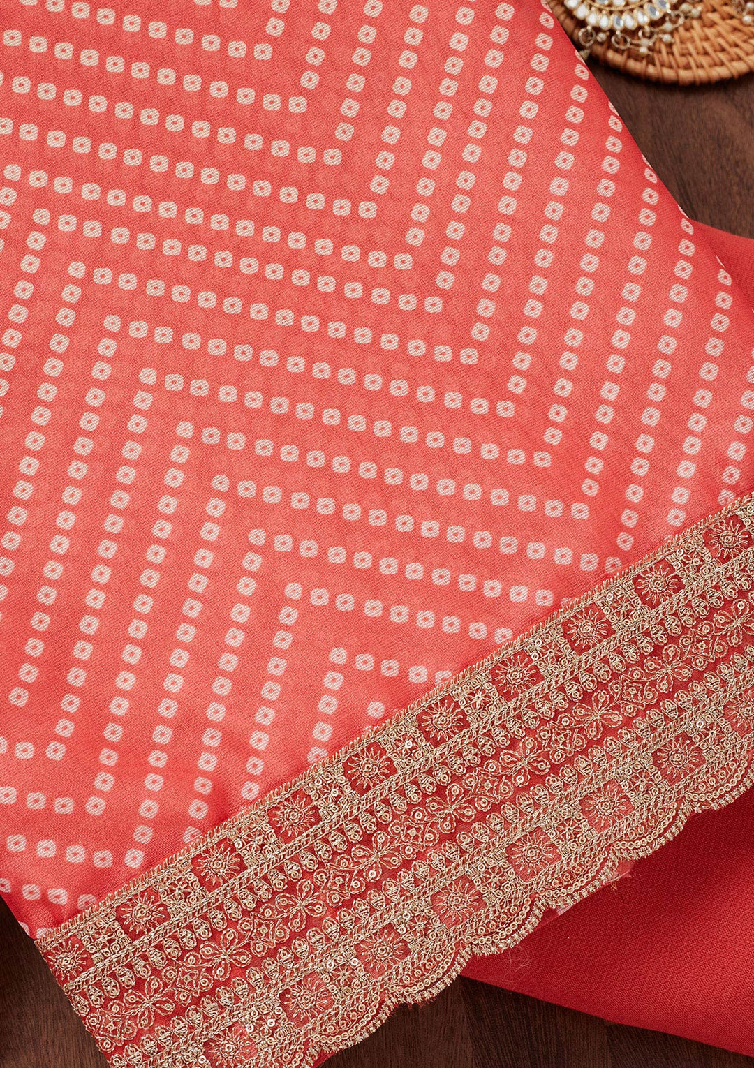 Peach Parrot Green Tissue Bandhej Gold Zariwork Unstitched Dress Material With Matching Bottom And Dupatta