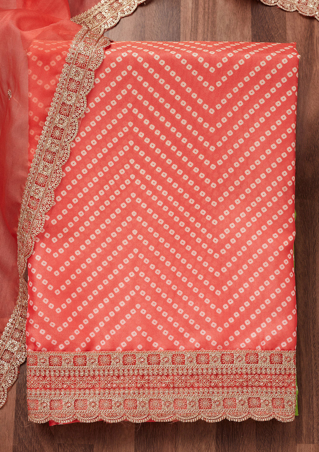 Peach Parrot Green Tissue Bandhej Gold Zariwork Unstitched Dress Material With Matching Bottom And Dupatta
