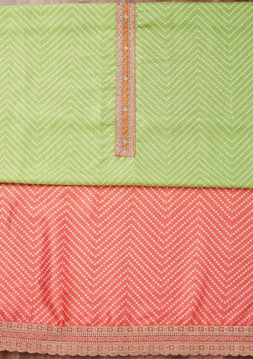Peach Parrot Green Tissue Bandhej Gold Zariwork Unstitched Dress Material With Matching Bottom And Dupatta