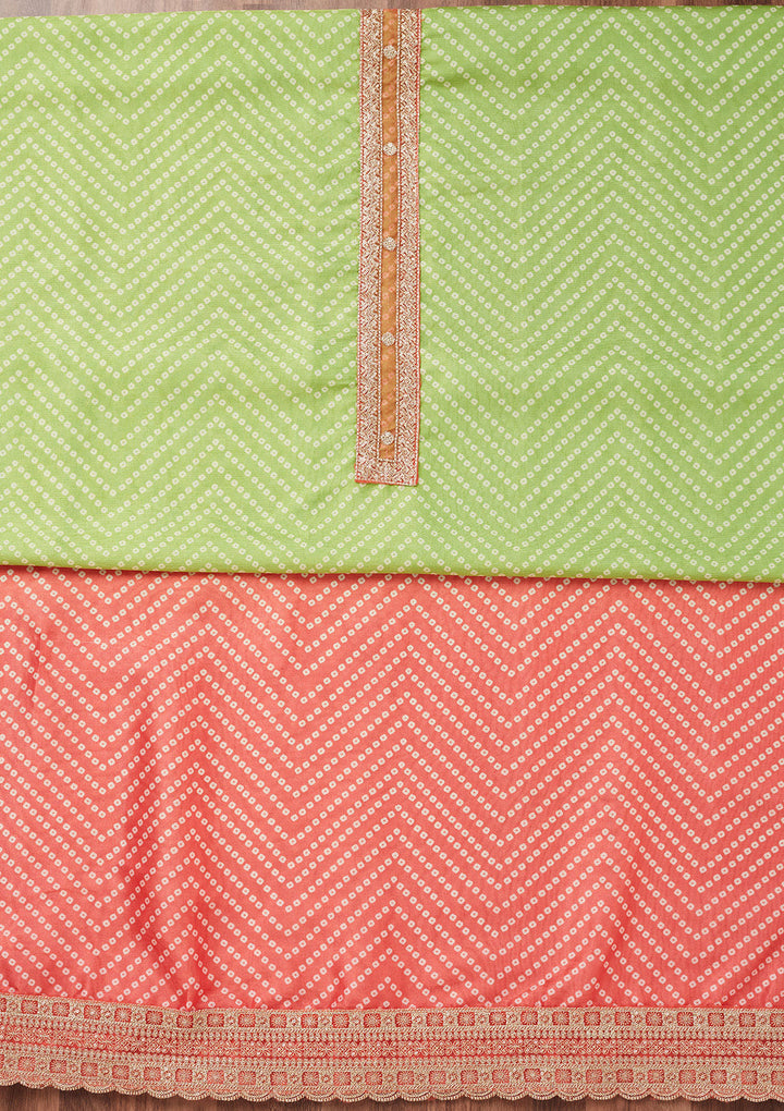 Peach Parrot Green Tissue Bandhej Gold Zariwork Unstitched Dress Material With Matching Bottom And Dupatta