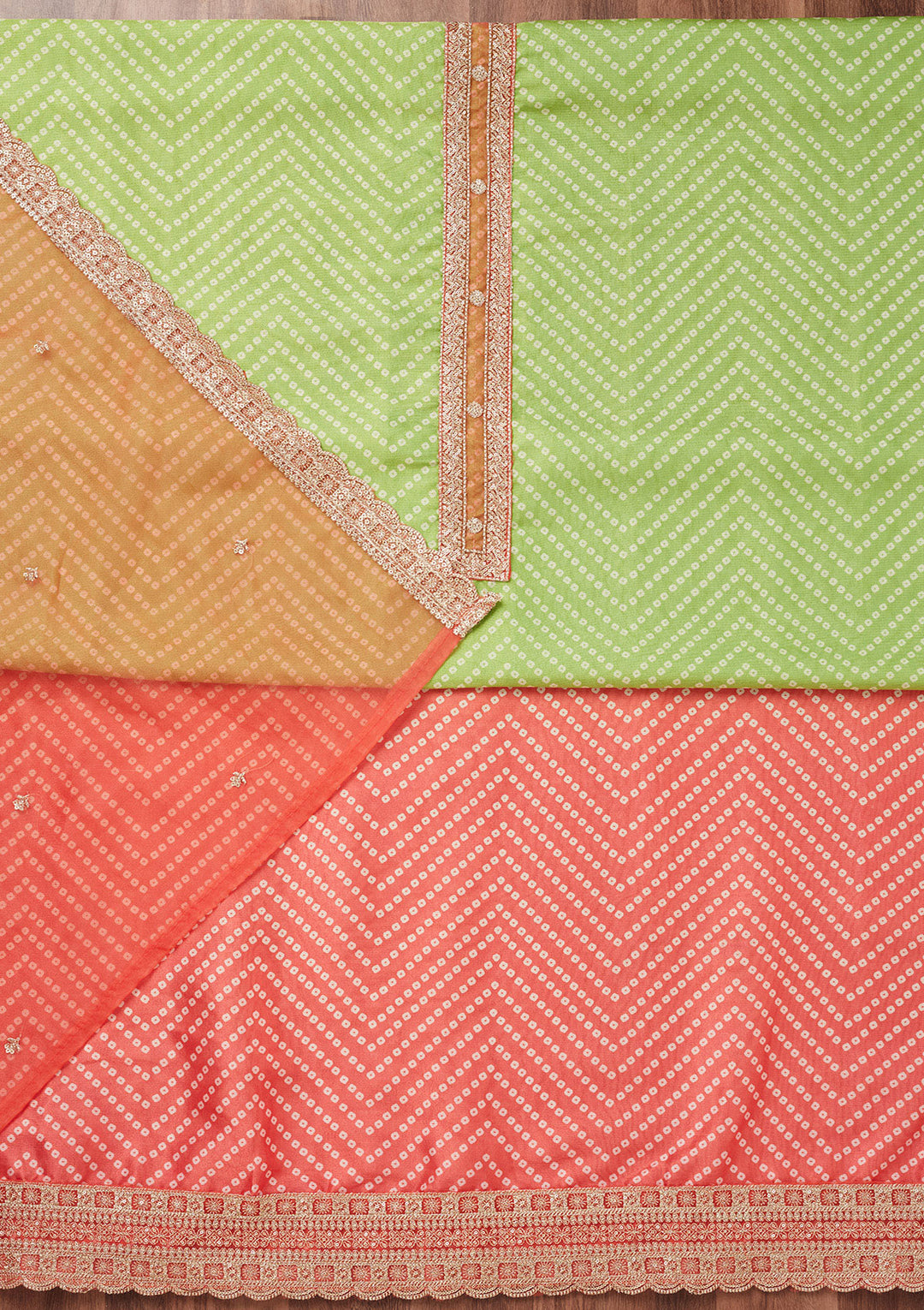 Peach Parrot Green Tissue Bandhej Gold Zariwork Unstitched Dress Material With Matching Bottom And Dupatta