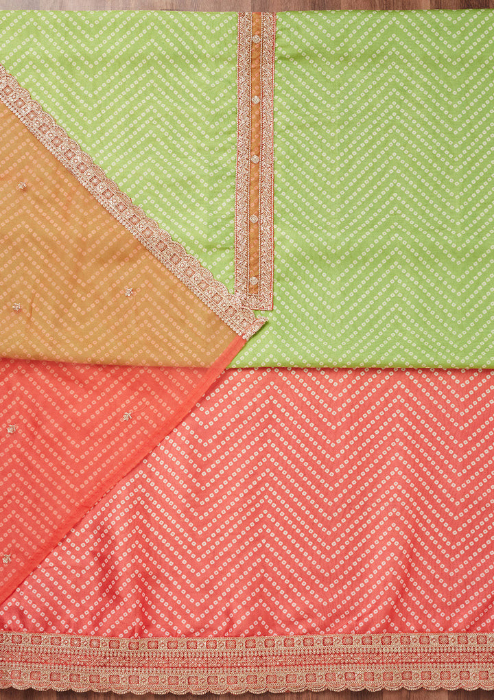 Peach Parrot Green Tissue Bandhej Gold Zariwork Unstitched Dress Material With Matching Bottom And Dupatta