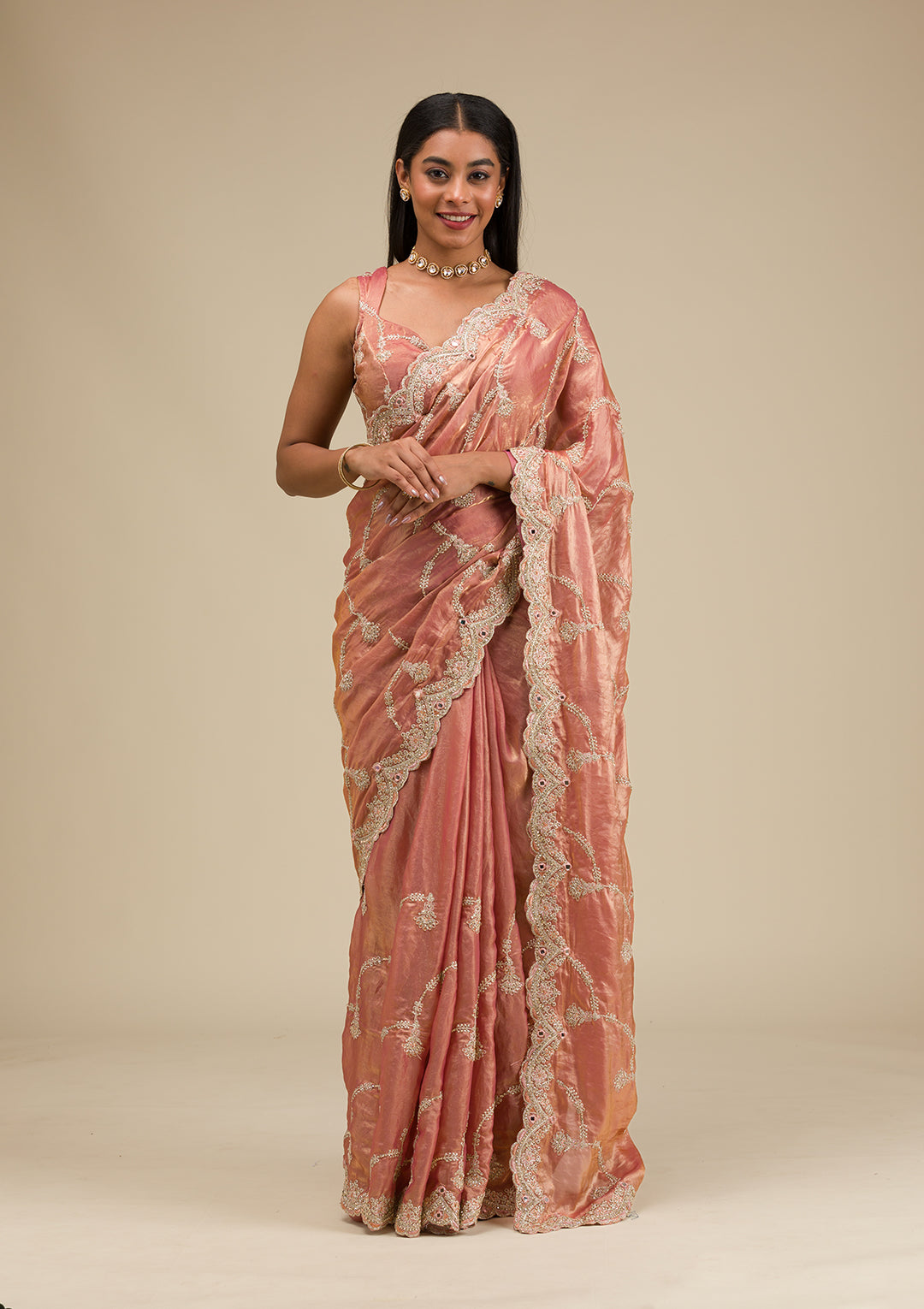 Peach Organza Gold Zariwork Saree With Matching Blouse Piece