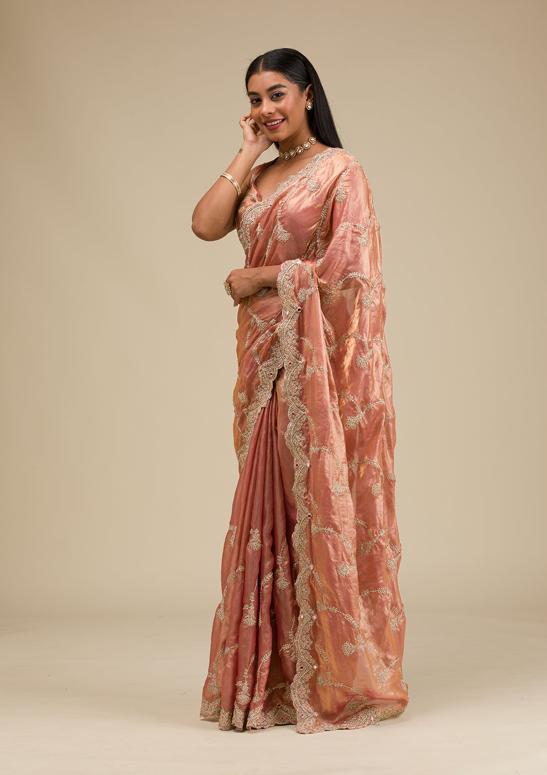 Peach Organza Gold Zariwork Saree With Matching Blouse Piece