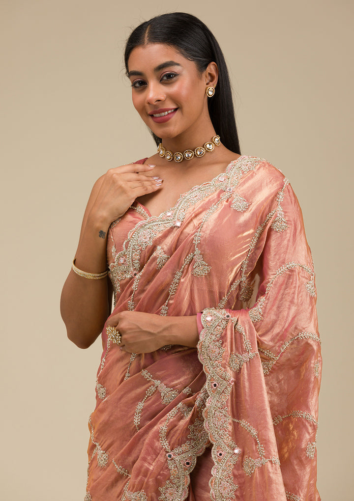 Peach Organza Gold Zariwork Saree With Matching Blouse Piece