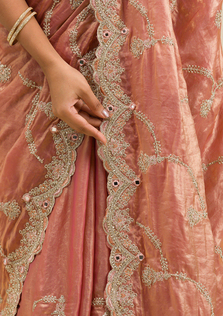 Peach Organza Gold Zariwork Saree With Matching Blouse Piece