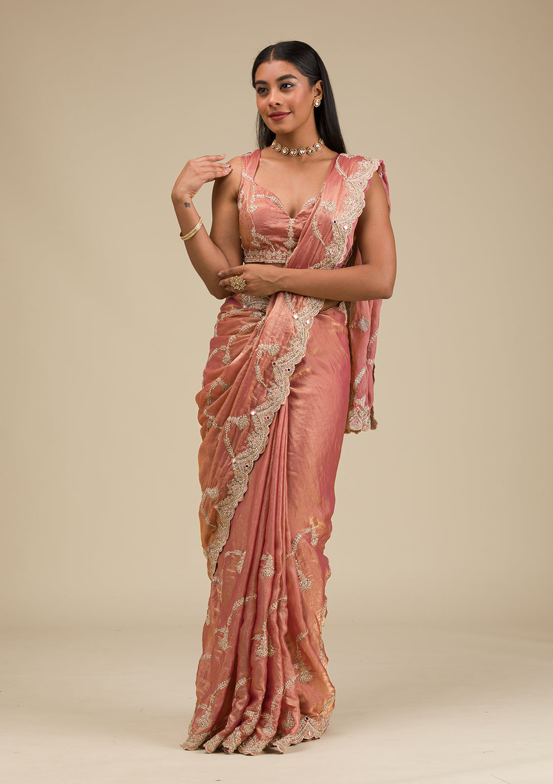Peach Organza Gold Zariwork Saree With Matching Blouse Piece