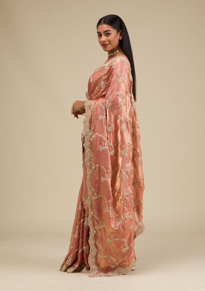 Peach Organza Gold Zariwork Saree With Matching Blouse Piece