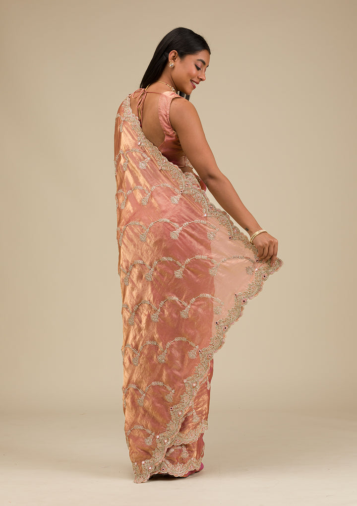 Peach Organza Gold Zariwork Saree With Matching Blouse Piece