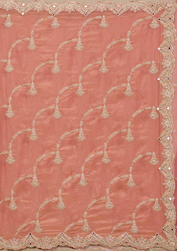 Peach Organza Gold Zariwork Saree With Matching Blouse Piece