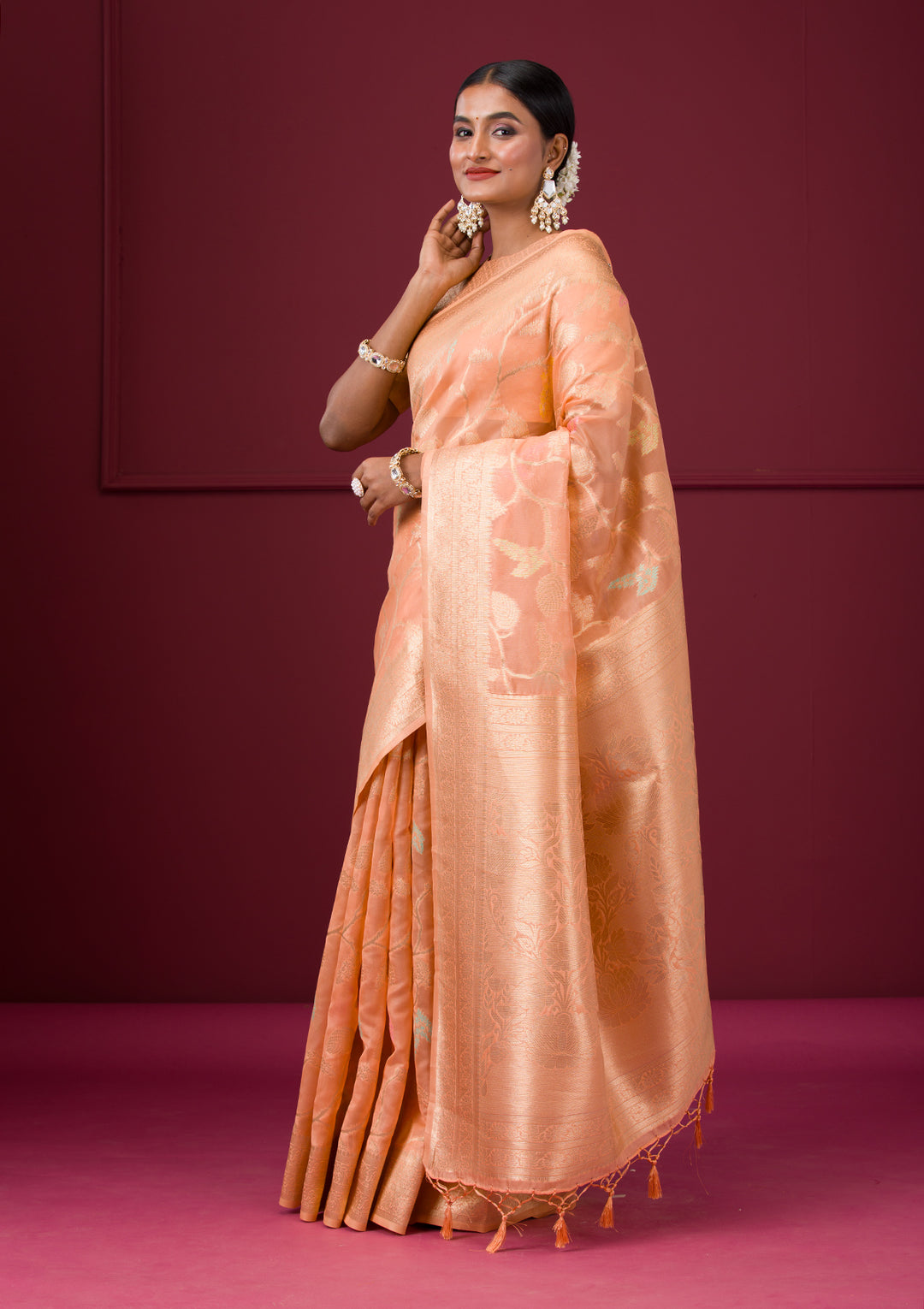 Peach Silk Jaal Gold Zariwork Saree With Matching Blouse Piece