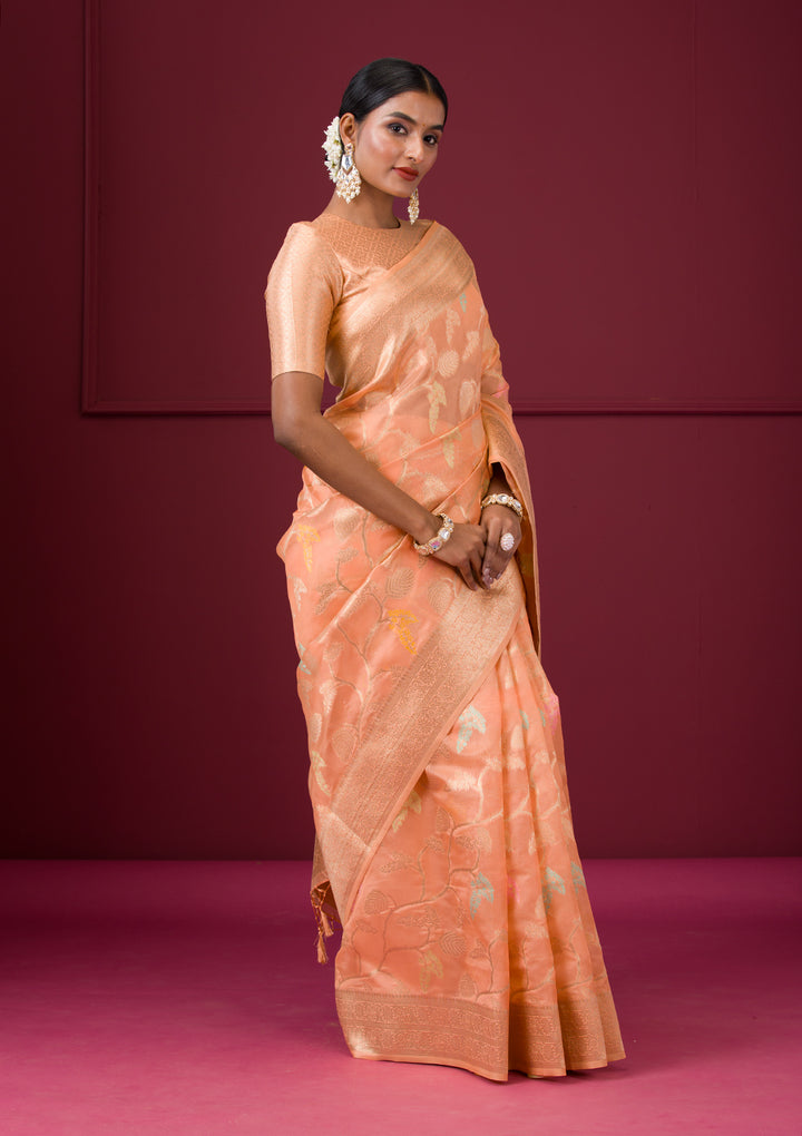 Peach Silk Jaal Gold Zariwork Saree With Matching Blouse Piece