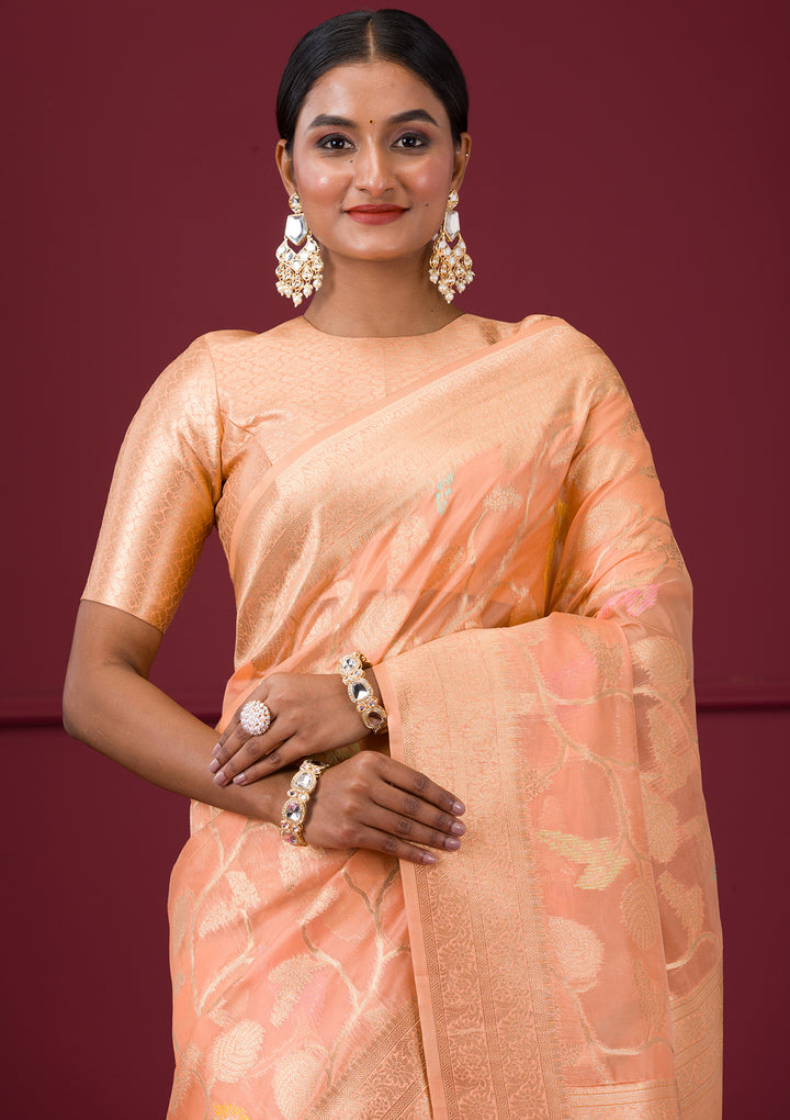 Peach Silk Jaal Gold Zariwork Saree With Matching Blouse Piece