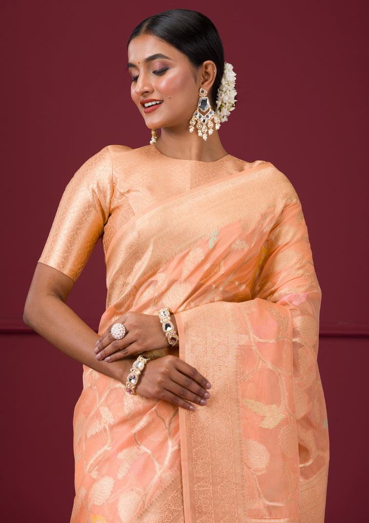 Peach Silk Jaal Gold Zariwork Saree With Matching Blouse Piece