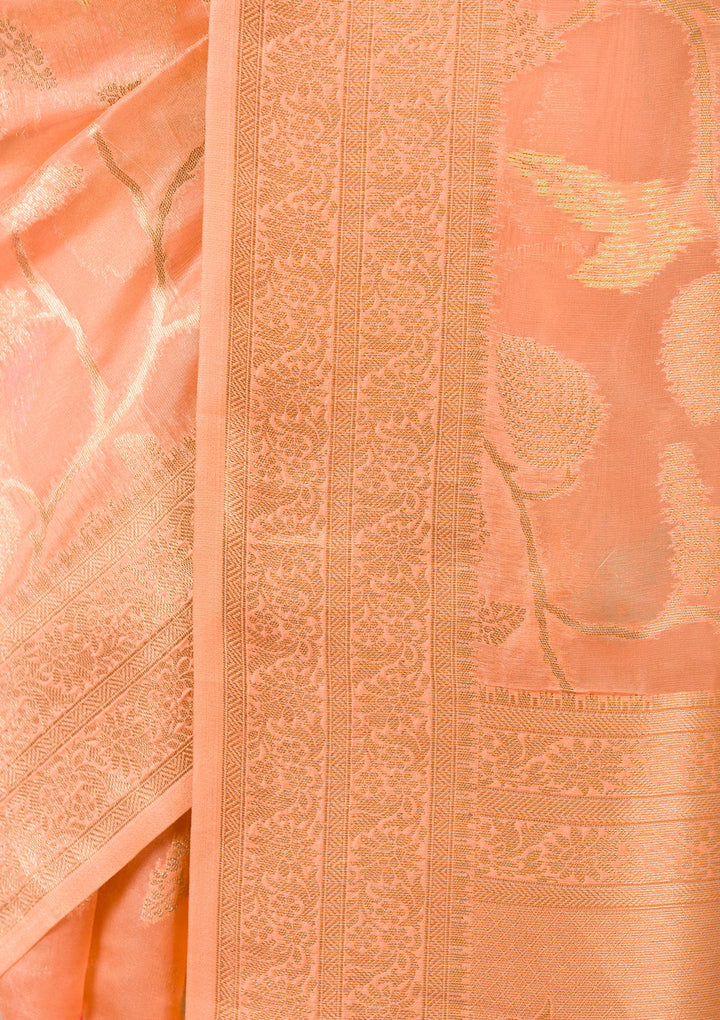 Peach Silk Jaal Gold Zariwork Saree With Matching Blouse Piece