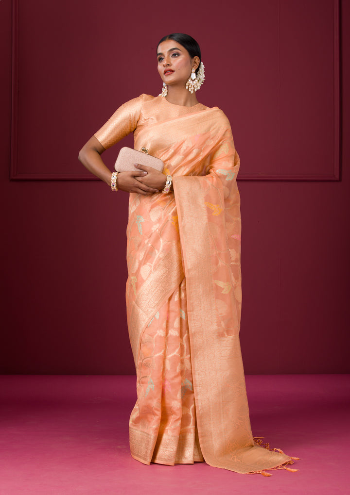Peach Silk Jaal Gold Zariwork Saree With Matching Blouse Piece