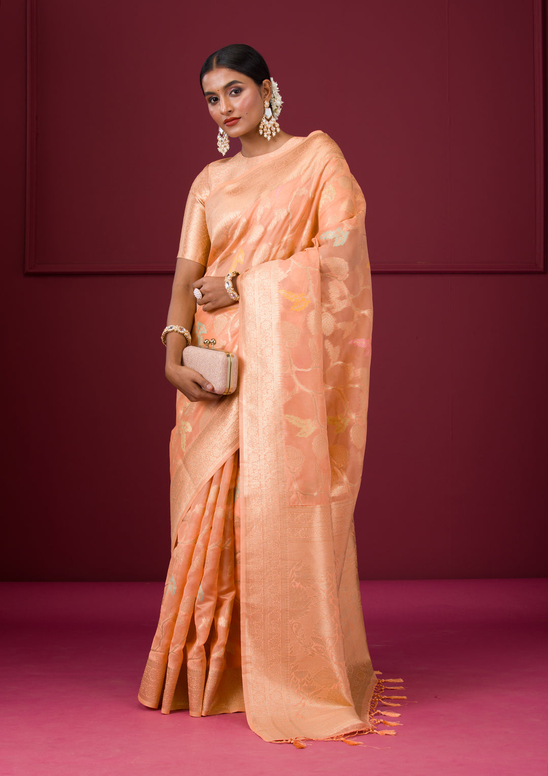 Peach Silk Jaal Gold Zariwork Saree With Matching Blouse Piece
