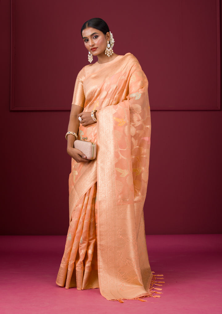 Peach Silk Jaal Gold Zariwork Saree With Matching Blouse Piece