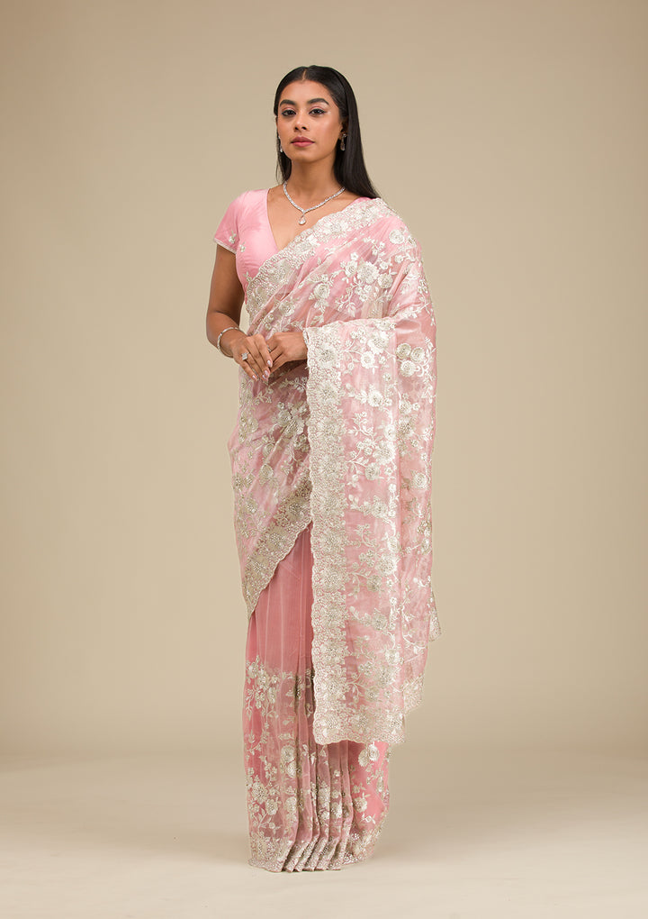 Peach Tissue Silver Zariwork Saree With Matching Blouse Piece