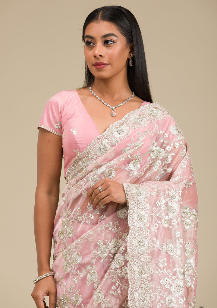 Peach Tissue Silver Zariwork Saree With Matching Blouse Piece