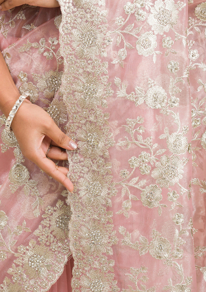 Peach Tissue Silver Zariwork Saree With Matching Blouse Piece