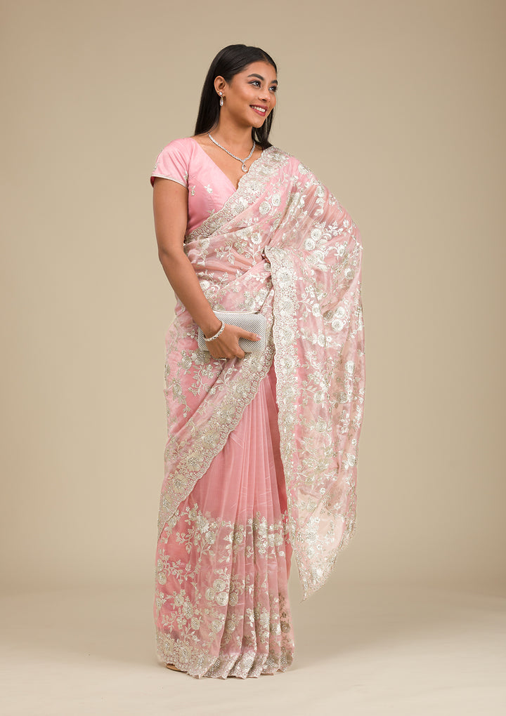 Peach Tissue Silver Zariwork Saree With Matching Blouse Piece