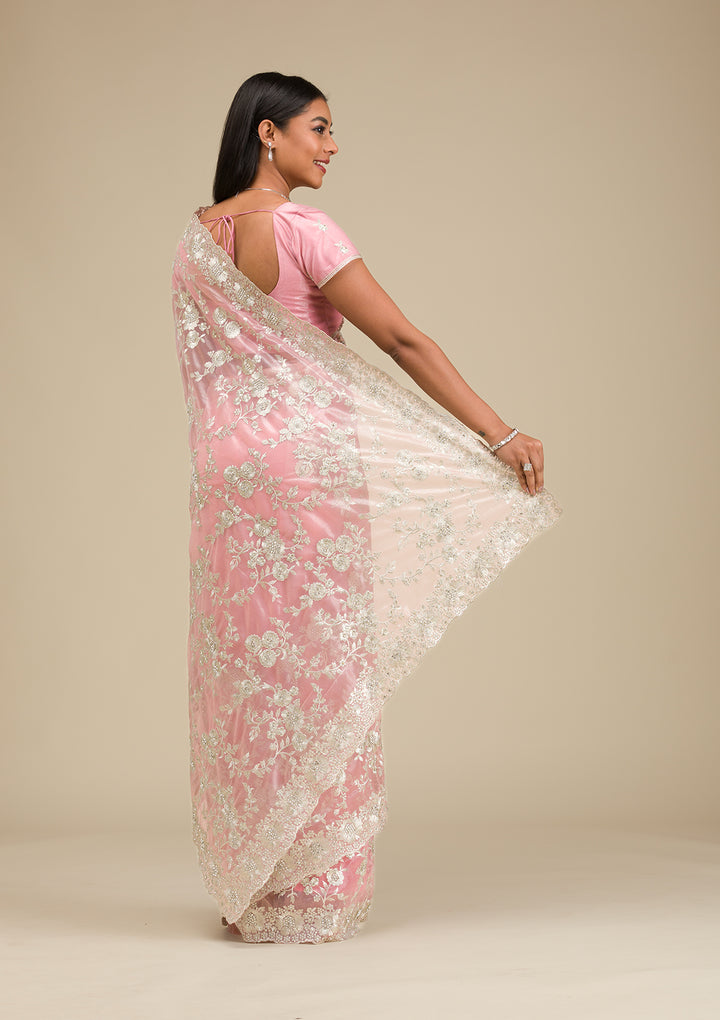 Peach Tissue Silver Zariwork Saree With Matching Blouse Piece