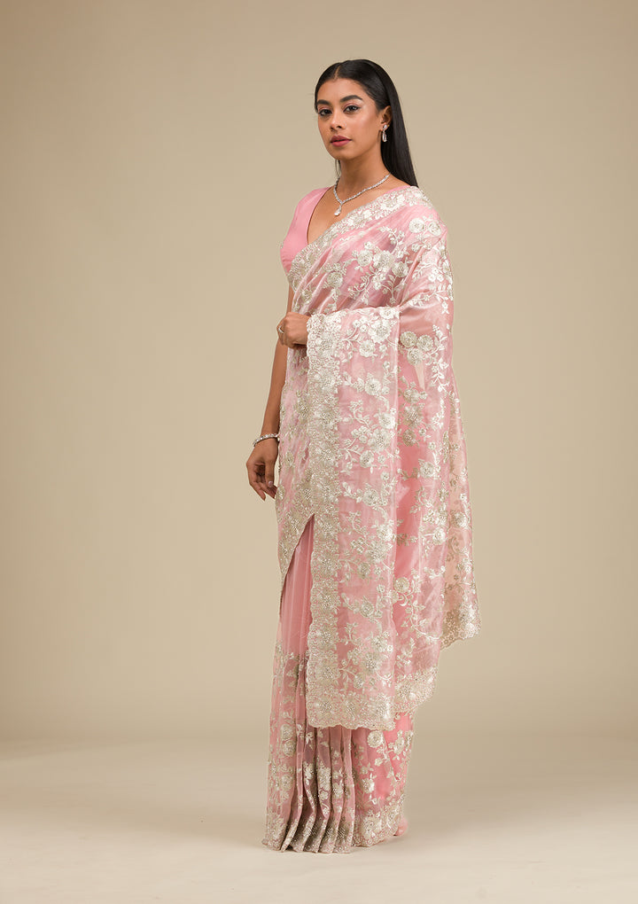 Peach Tissue Silver Zariwork Saree With Matching Blouse Piece