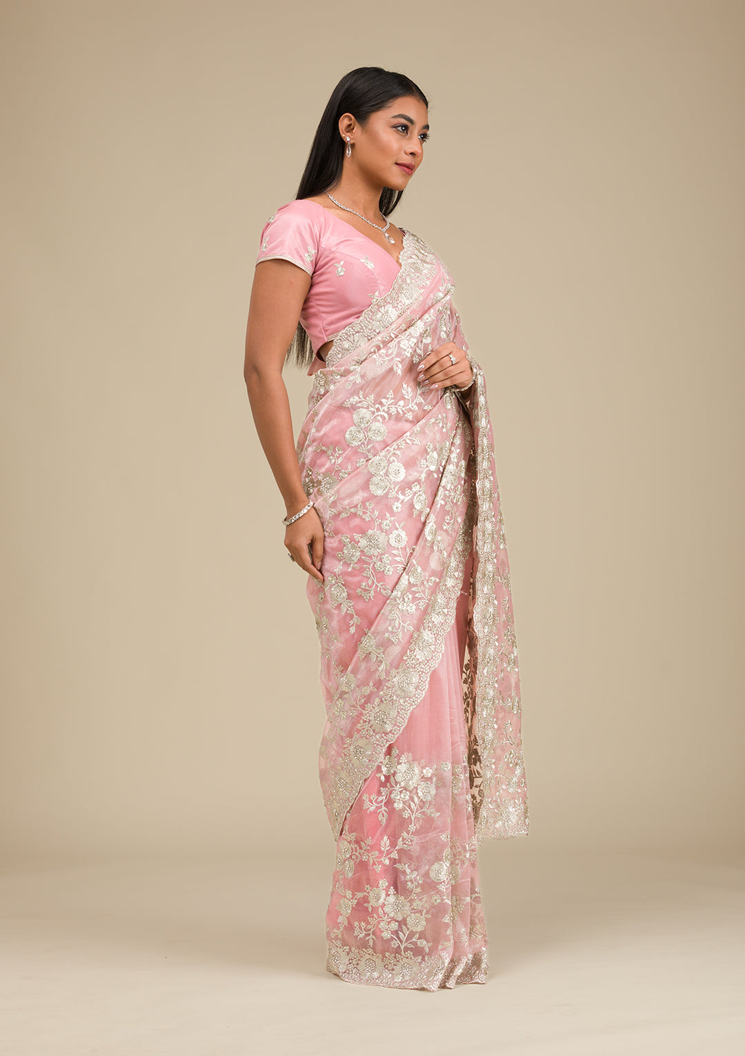 Peach Tissue Silver Zariwork Saree With Matching Blouse Piece