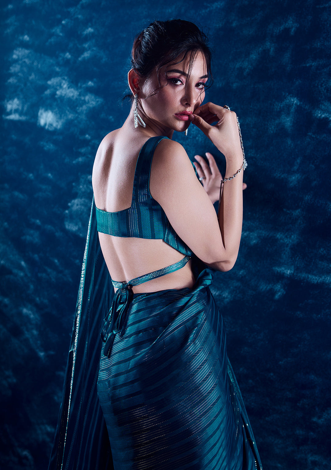 Peacock Blue Semi Crepe Swarovski Saree With Matching Blouse Piece