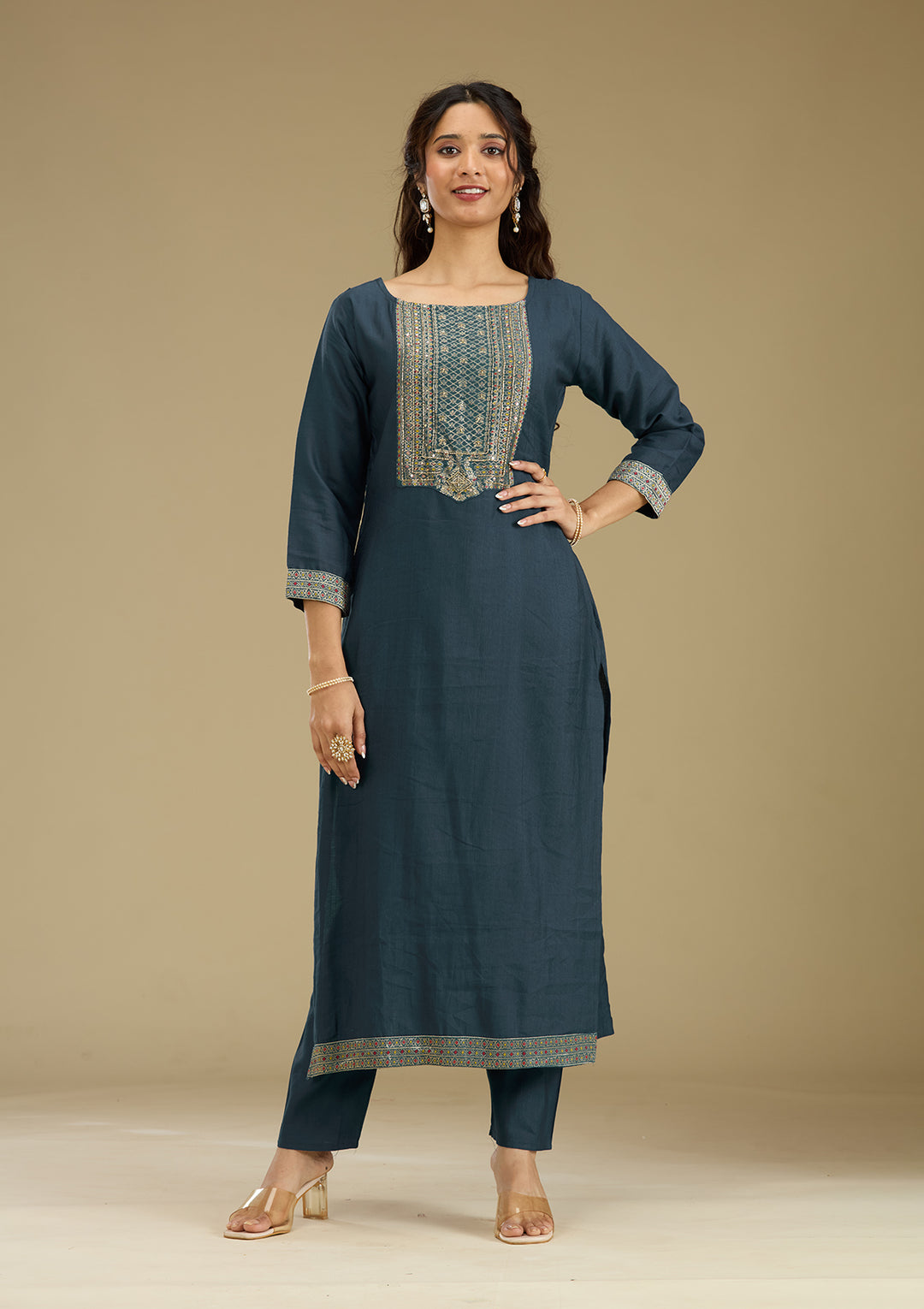 Peacock Blue Zariwork Semi Crepe Readymade Salwar Suit