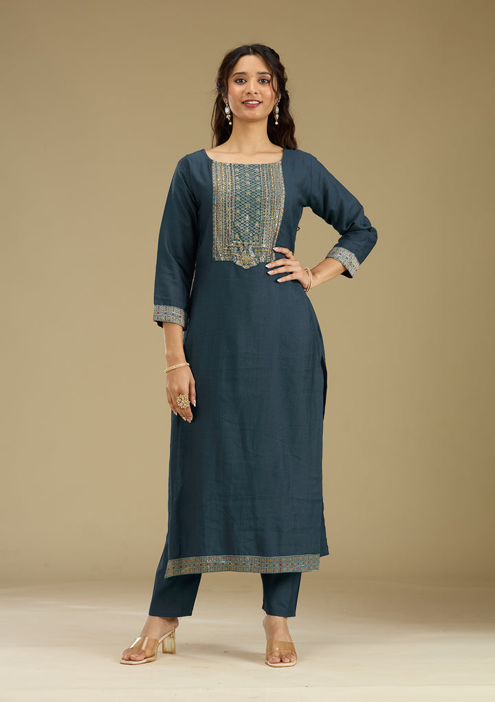 Peacock Blue Zariwork Semi Crepe Readymade Salwar Suit