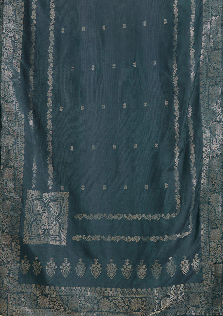 Peacock Blue Zariwork Semi Crepe Readymade Salwar Suit